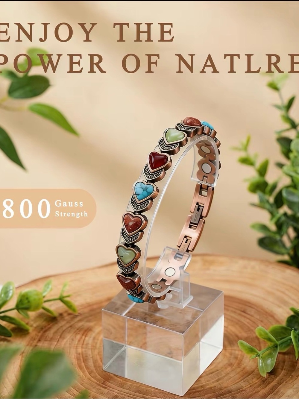 Vintage Copper Heart Multicolor Heart Stone Magnetic Bracelet for Women